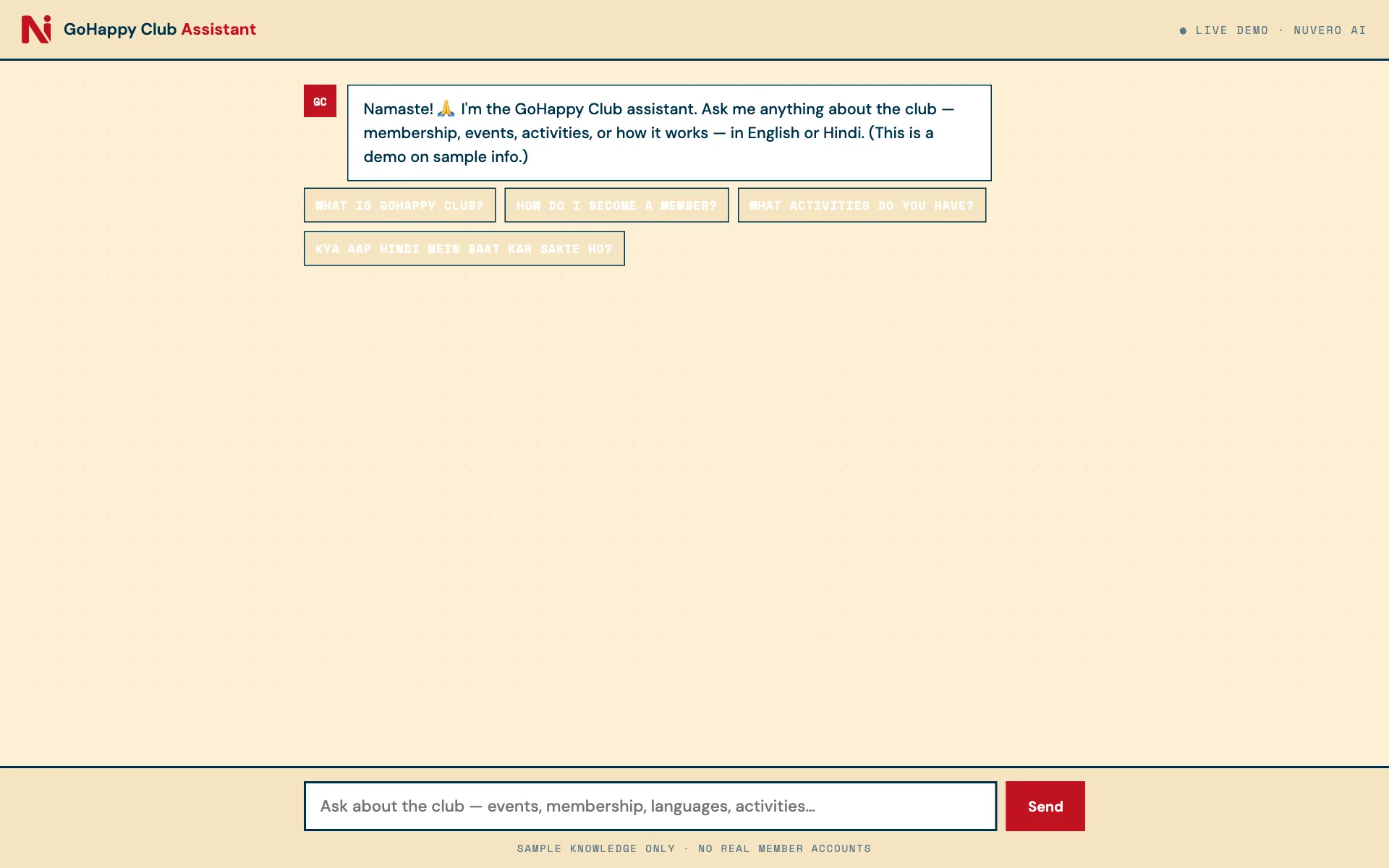 GoHappy Club live demo screenshot